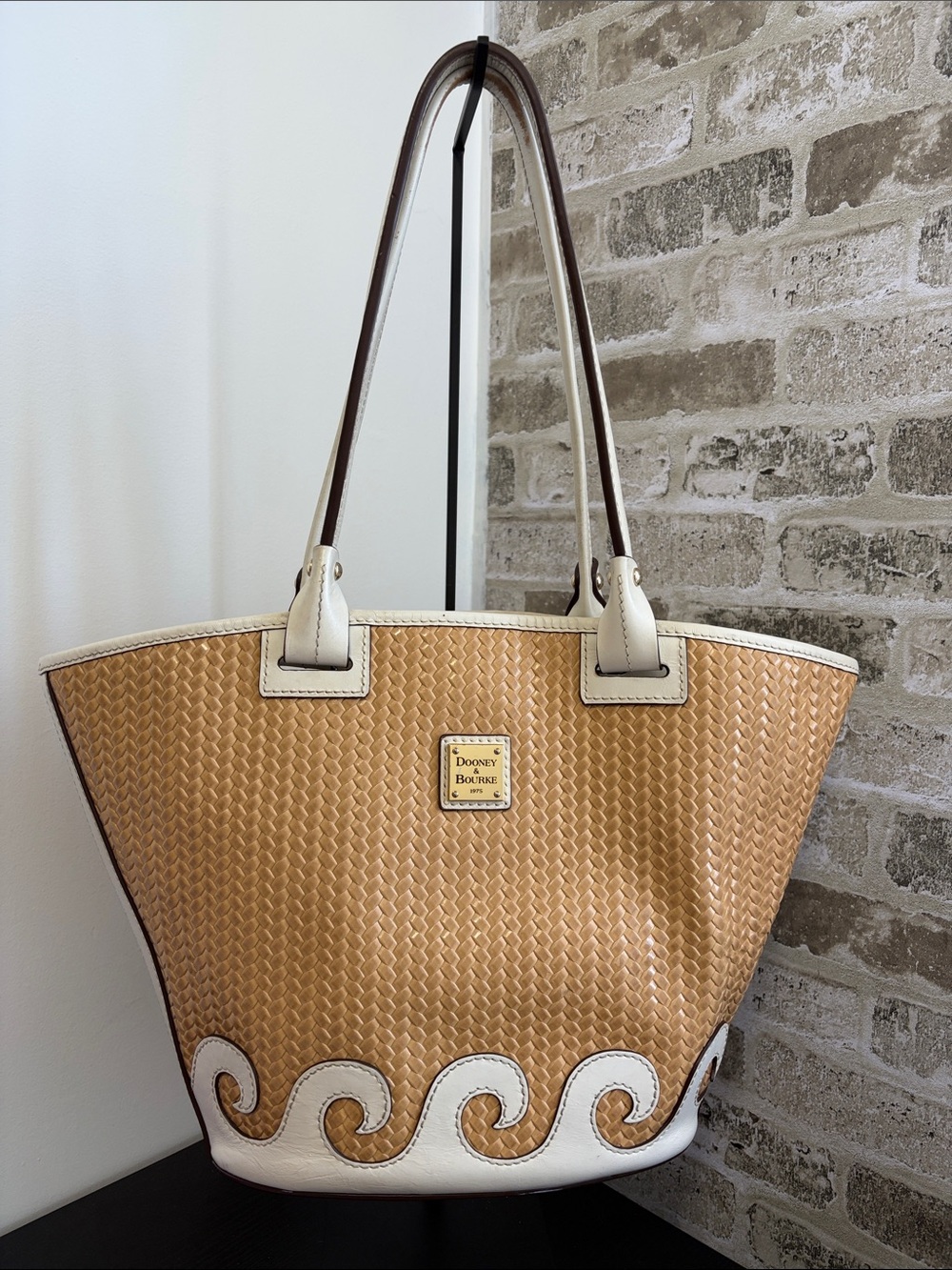 Dooney & Bourke Tan Woven Tote with White Trim and Brown Handles